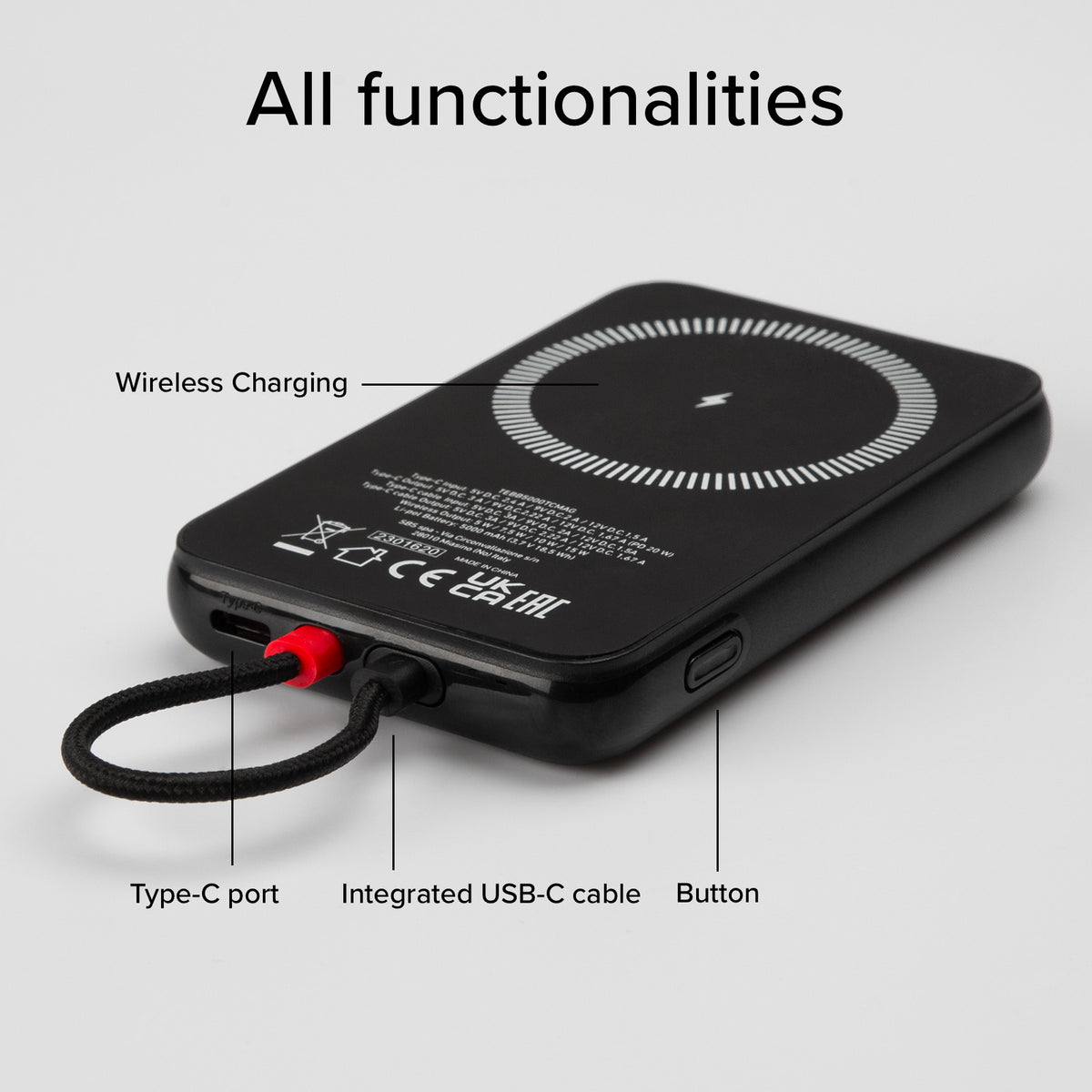 5000 mAh Powerbank mit integriertem USB-C Kabel, PD 20 W Ladegerät kompatibel mit MagSafe Wireless Charging