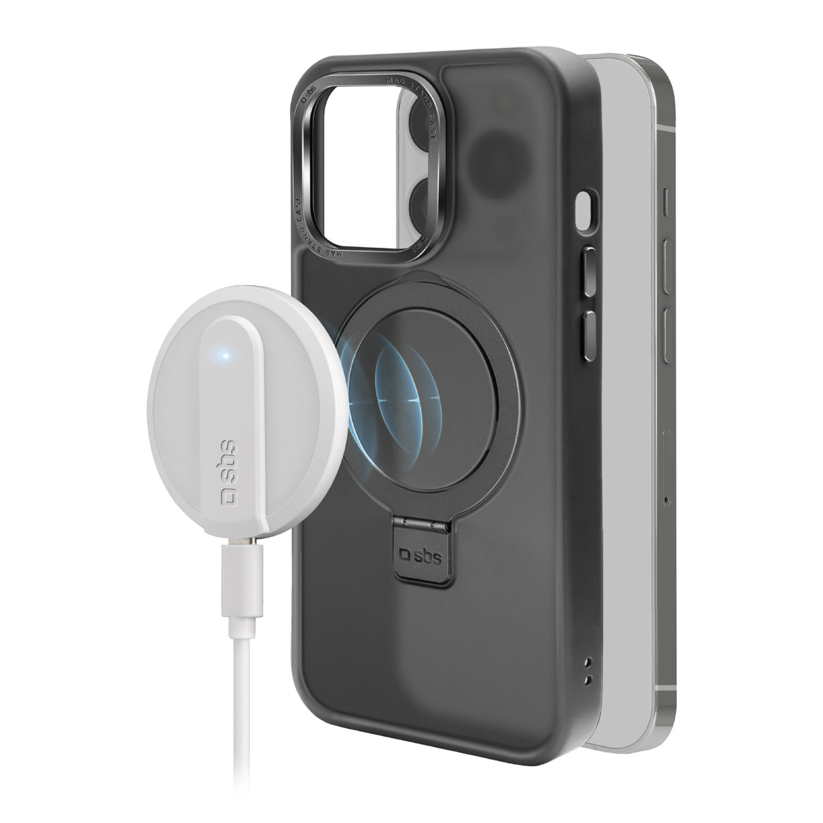 Funda compatible con carga MagSafe con acabados metálicos y anillo con función stand para iPhone 14 Pro