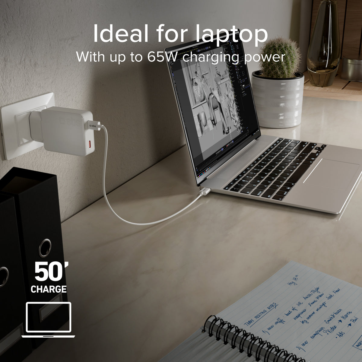 GaN ultraflaches 65-Watt-Ladegerät mit zwei USB-C Power Delivery-Anschlüssen, europäischer Stecker