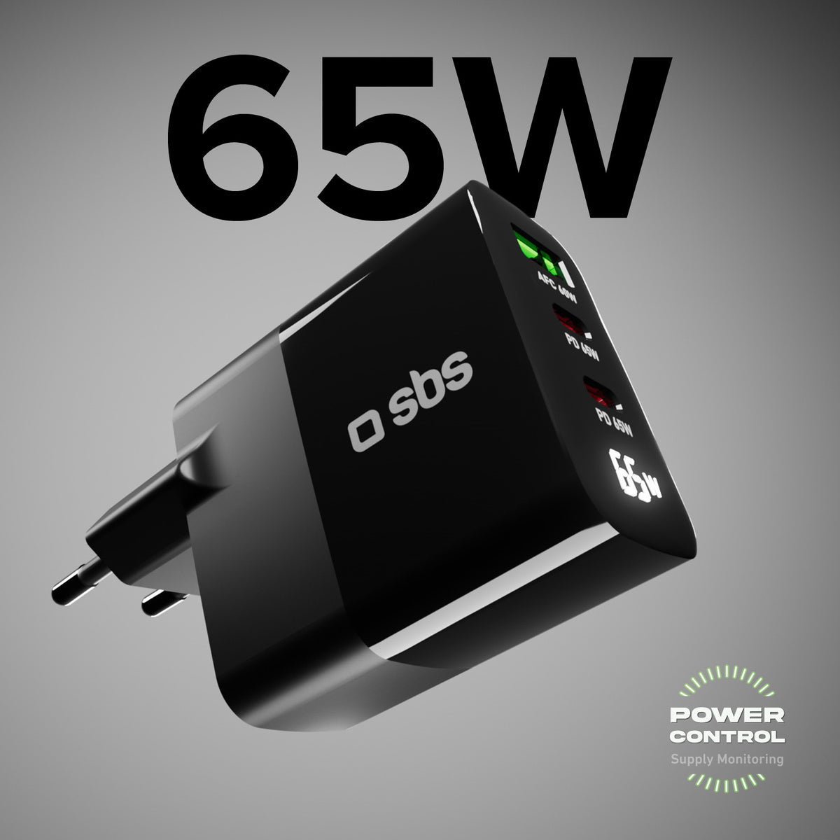 Caricabatterie 65W, display LCD, 2 Uscite USB-C PD, 1 USB-A Adaptive Fast Charge