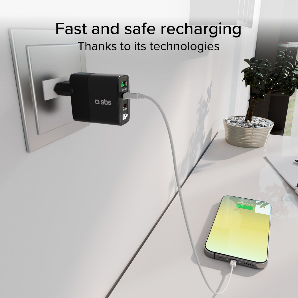 Caricabatterie 65W, display LCD, 2 Uscite USB-C PD, 1 USB-A Adaptive Fast Charge