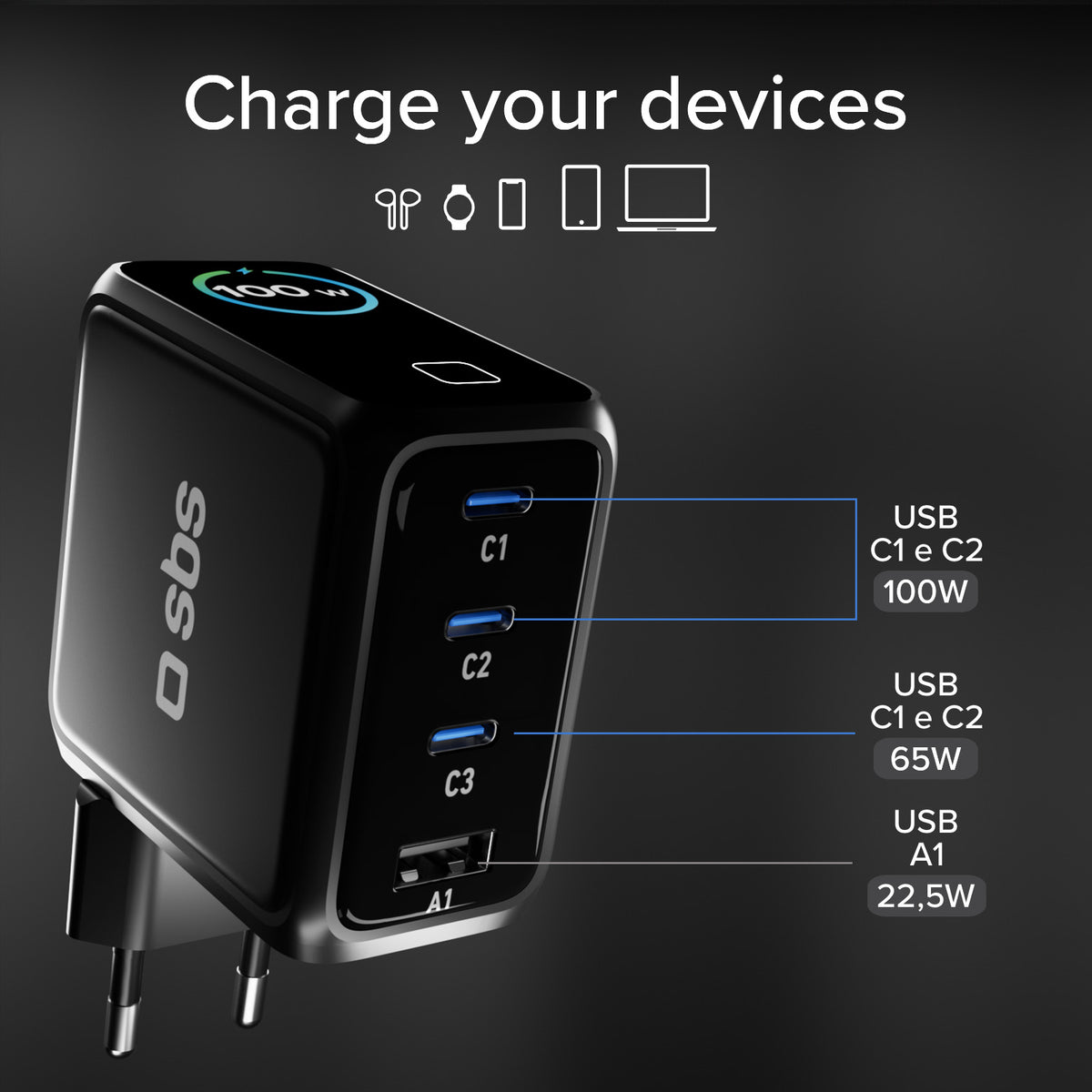 100-W-USB-C-Ladegerät mit TFT-Display und 4 Ports für schnelles Laden von Smartphones, Tablets und Laptops