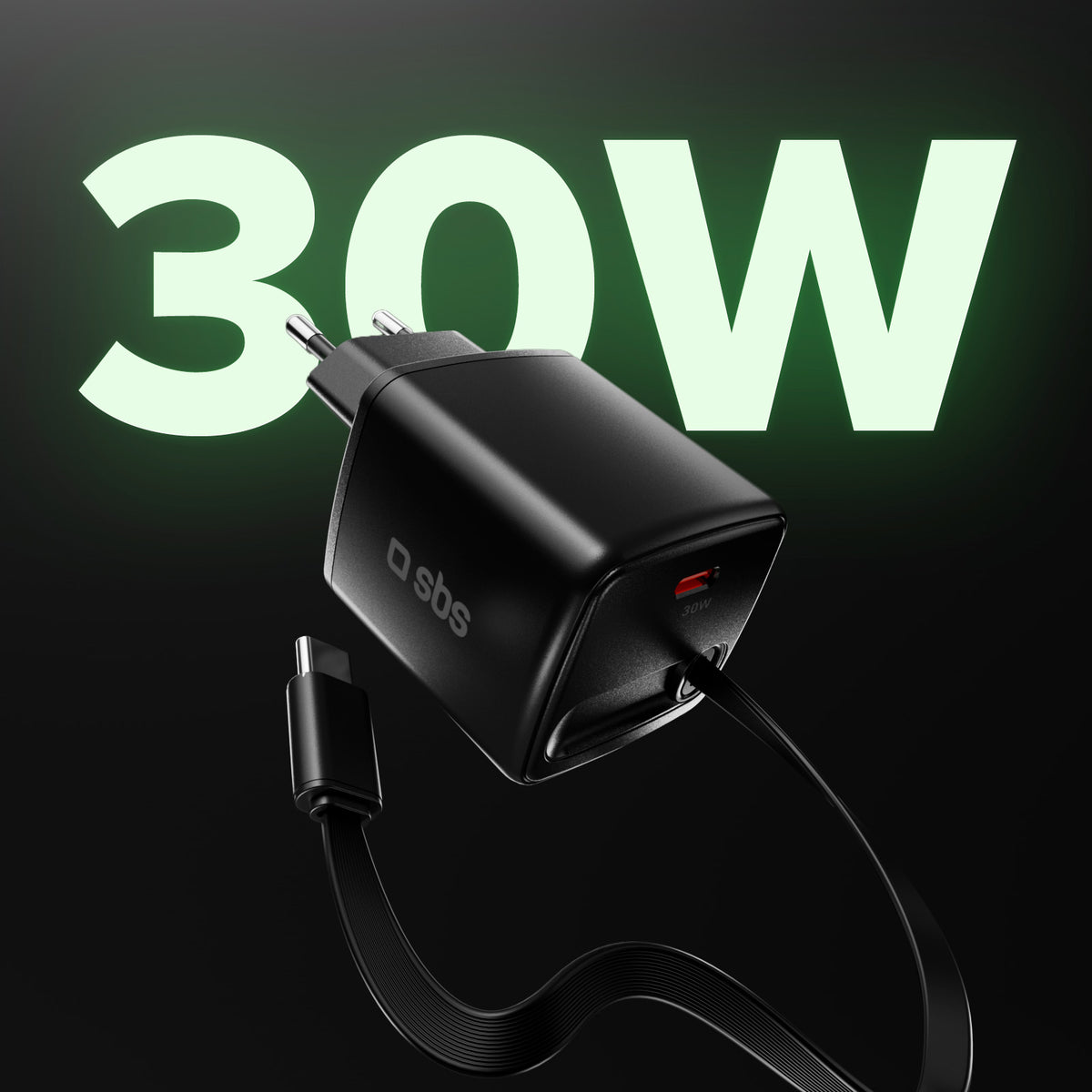 Cargador GaN USB-C 30 W con cable retráctil