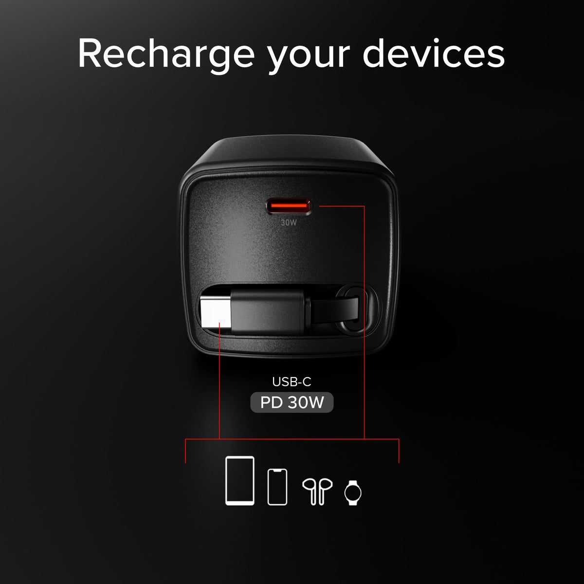 Cargador GaN USB-C 30 W con cable retráctil