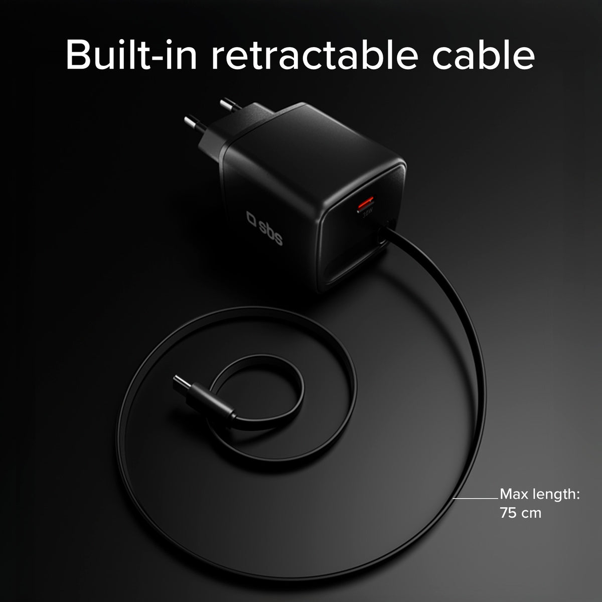 Cargador GaN USB-C 30 W con cable retráctil