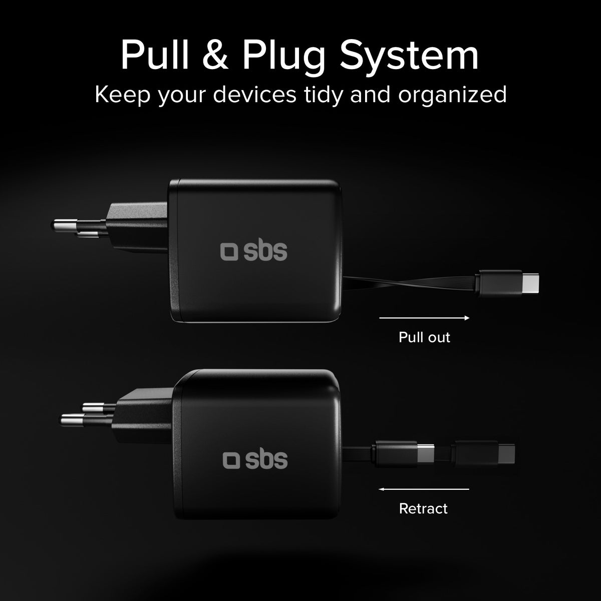 Cargador GaN USB-C 30 W con cable retráctil