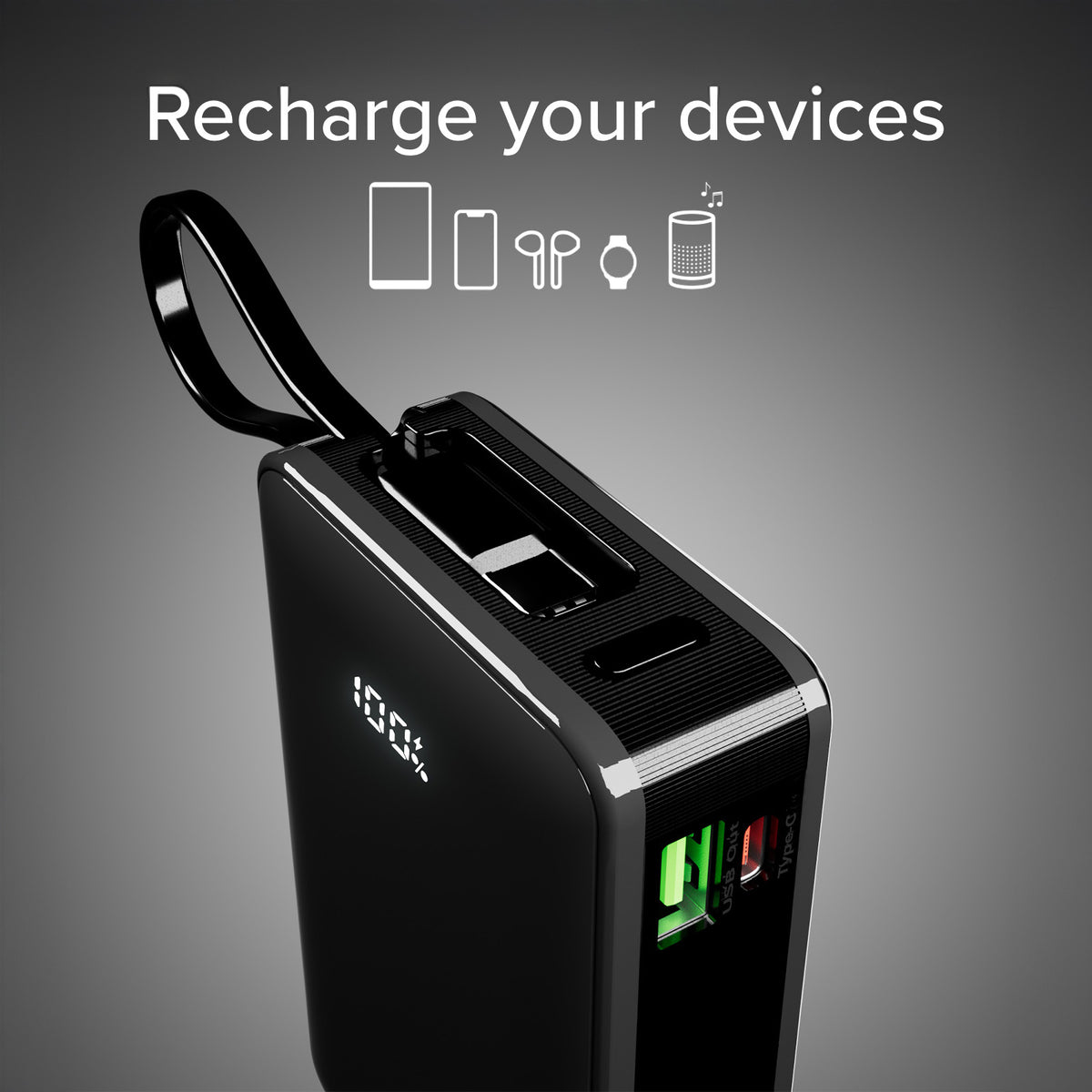20.000 mAh-Powerbank mit integriertem USB-C-Kabel, 1 USB-C Power Delivery-Ausgang 20 W und USB-A Fast Charge 22.5 W