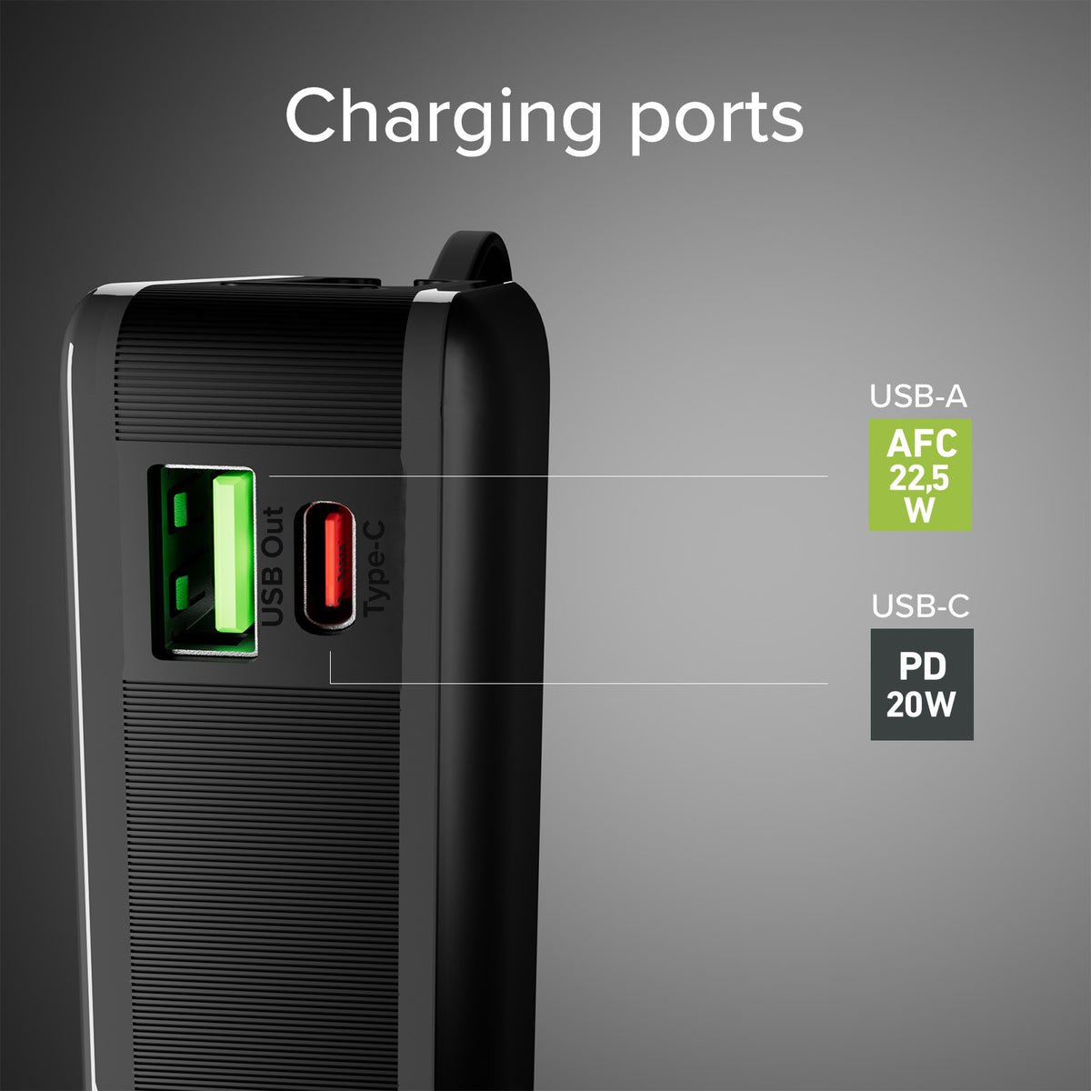 20.000 mAh-Powerbank mit integriertem USB-C-Kabel, 1 USB-C Power Delivery-Ausgang 20 W und USB-A Fast Charge 22.5 W