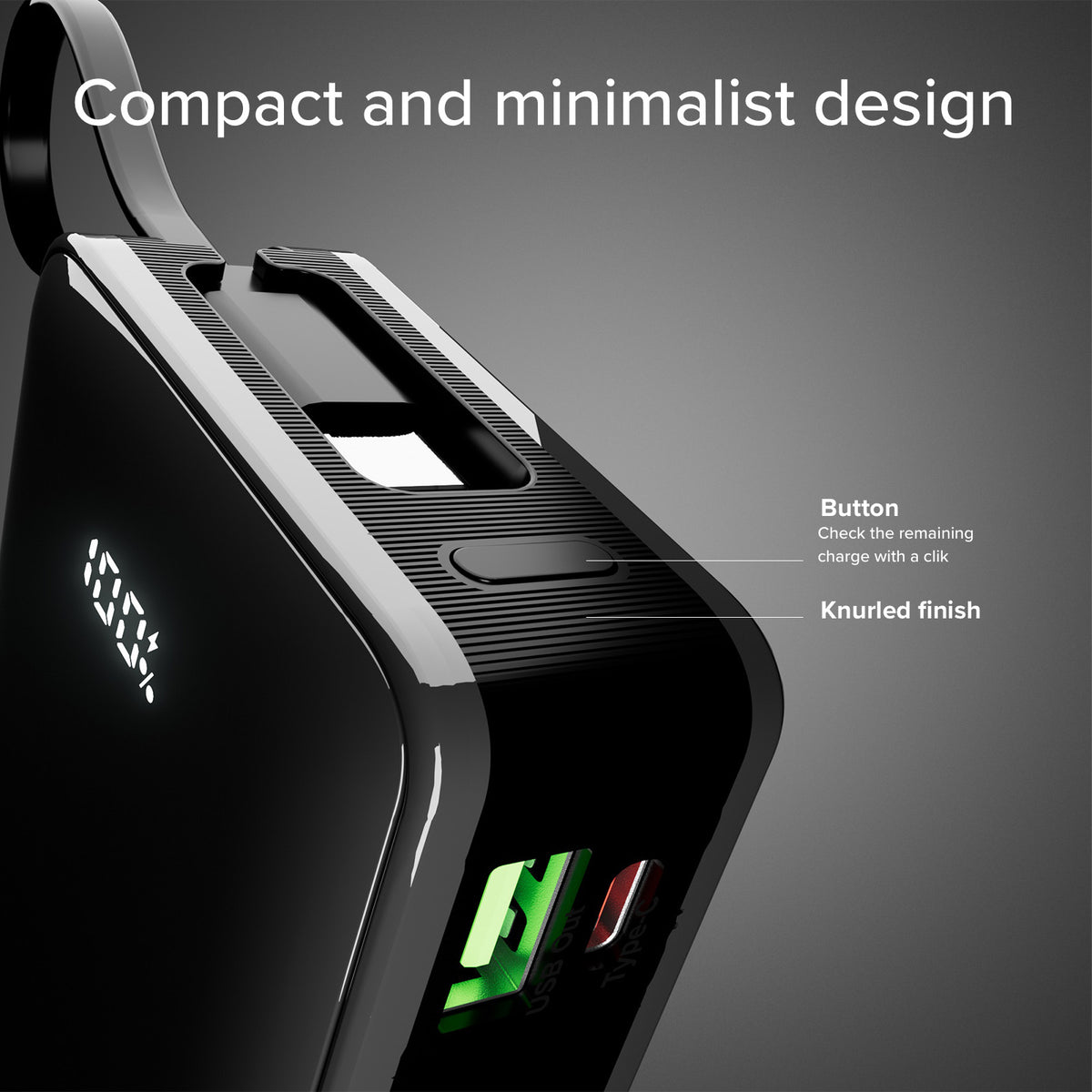 20.000 mAh-Powerbank mit integriertem USB-C-Kabel, 1 USB-C Power Delivery-Ausgang 20 W und USB-A Fast Charge 22.5 W