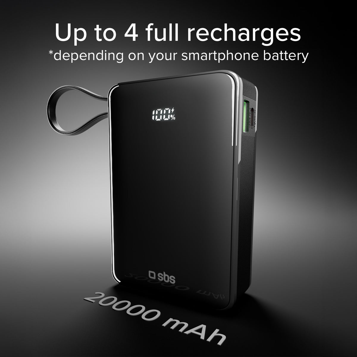 20.000 mAh-Powerbank mit integriertem USB-C-Kabel, 1 USB-C Power Delivery-Ausgang 20 W und USB-A Fast Charge 22.5 W