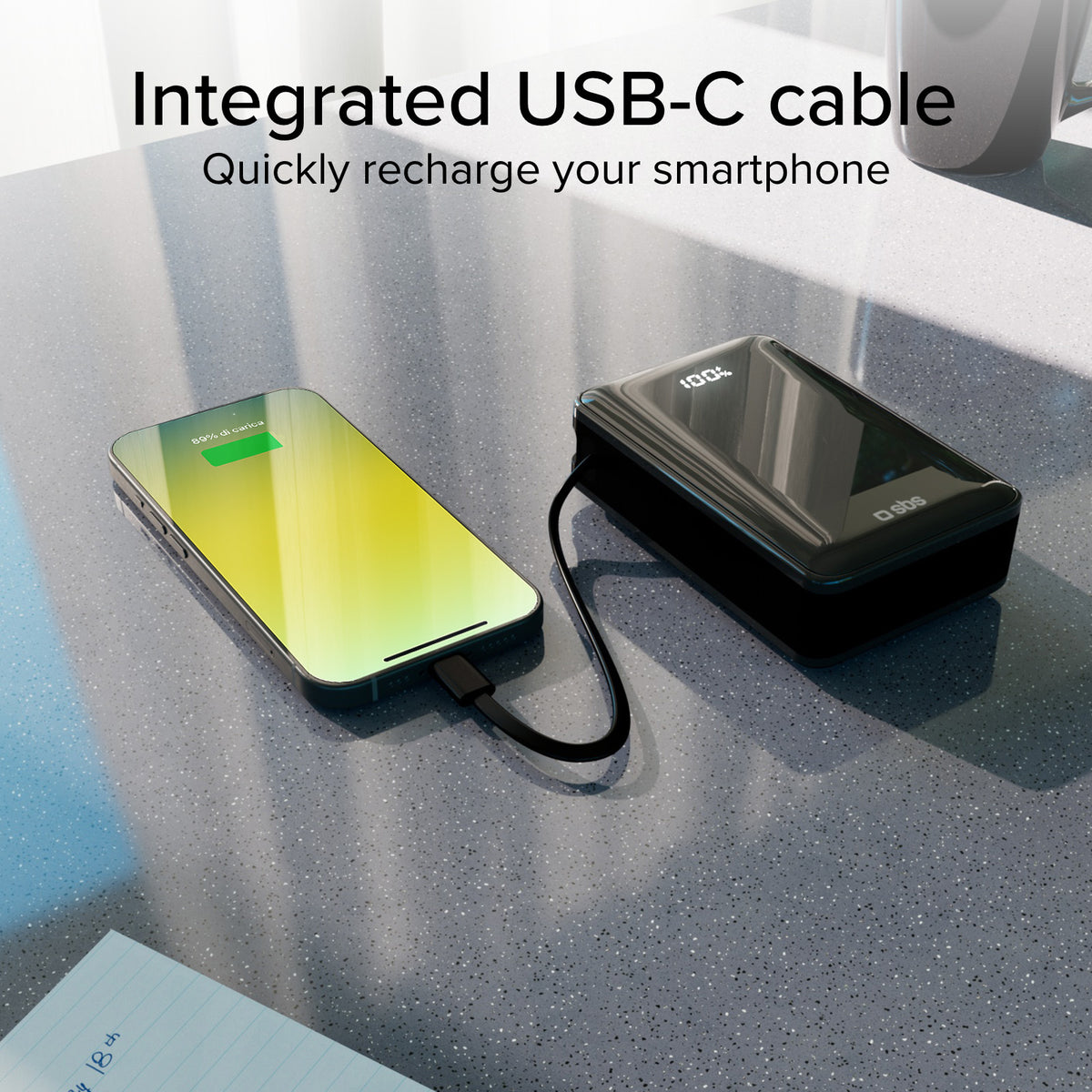 20.000 mAh-Powerbank mit integriertem USB-C-Kabel, 1 USB-C Power Delivery-Ausgang 20 W und USB-A Fast Charge 22.5 W
