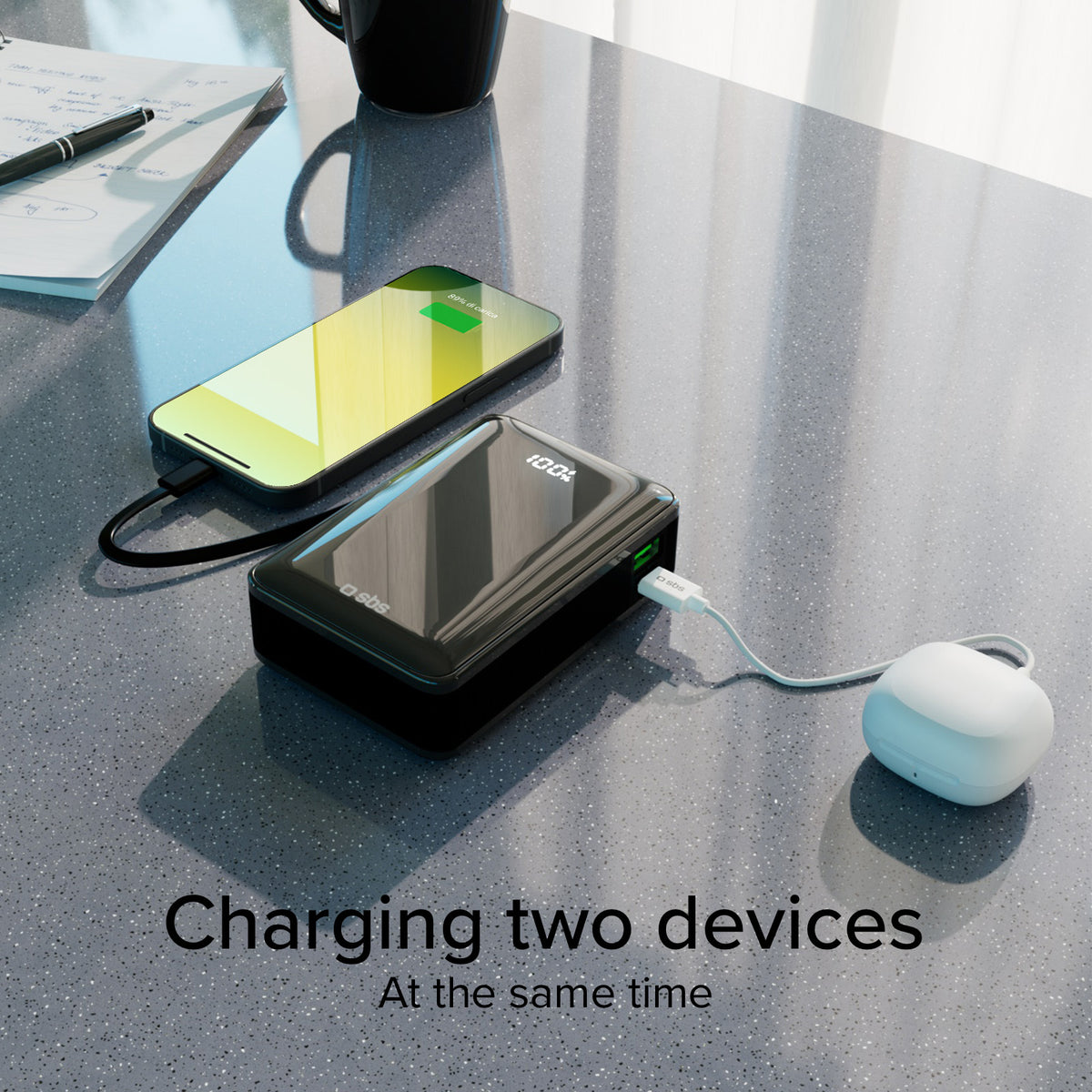 20.000 mAh-Powerbank mit integriertem USB-C-Kabel, 1 USB-C Power Delivery-Ausgang 20 W und USB-A Fast Charge 22.5 W