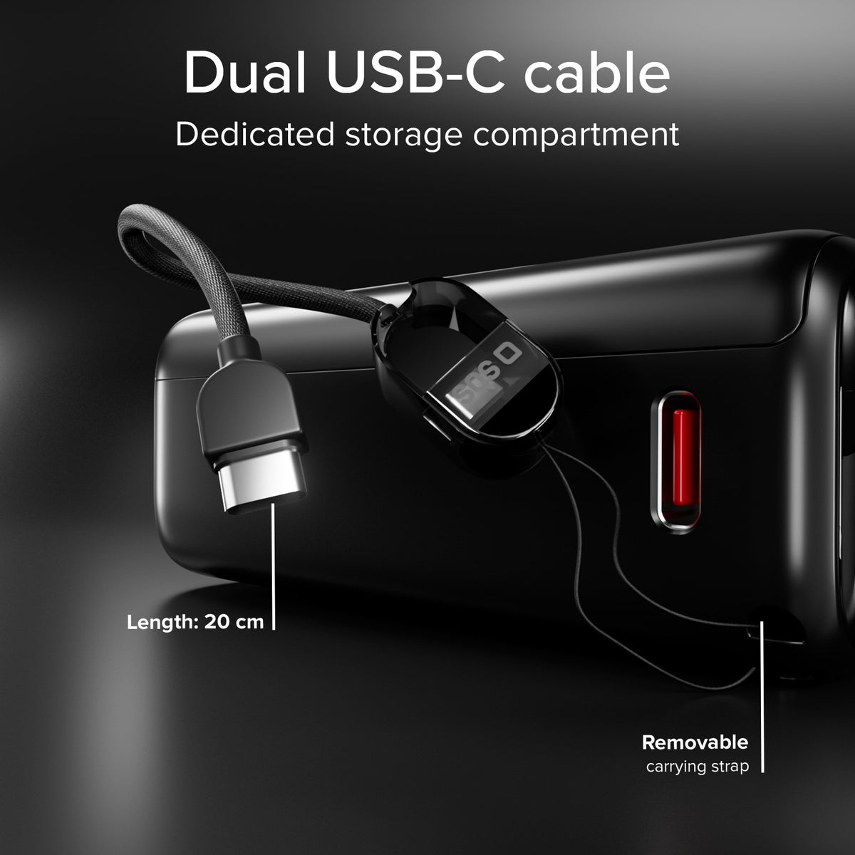Powerbank 20000mAh mit integriertem Kabel und TFT-Display