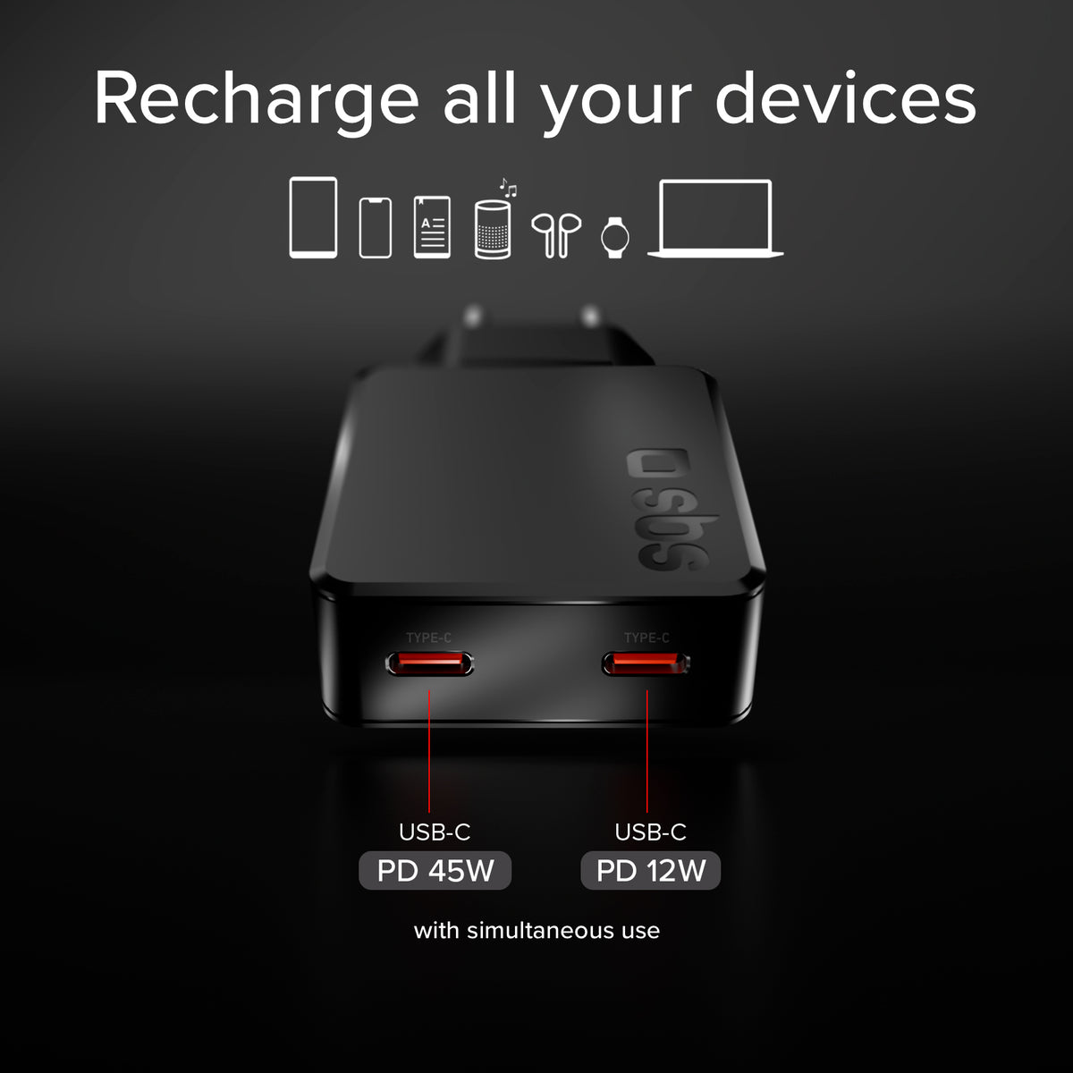 Ultraflaches 65-W-USB-C-Wandladegerät mit 2 Ausgängen