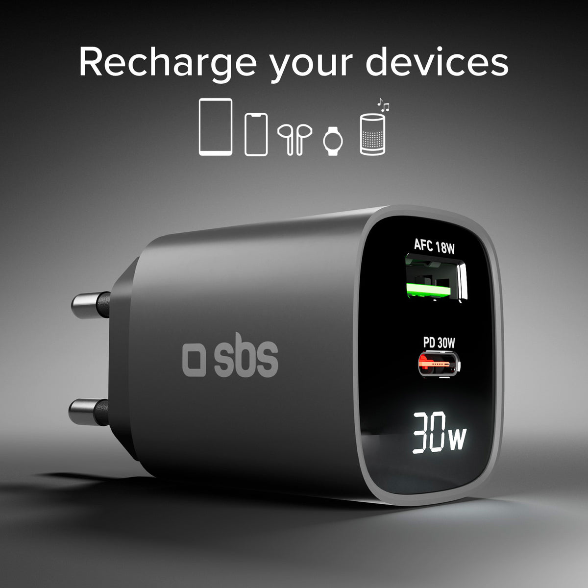 Wandladegerät mit LCD-Bildschirm, 1 USB-C-PD-30W-Ausgang, 1 USB-A-18W-Ausgang