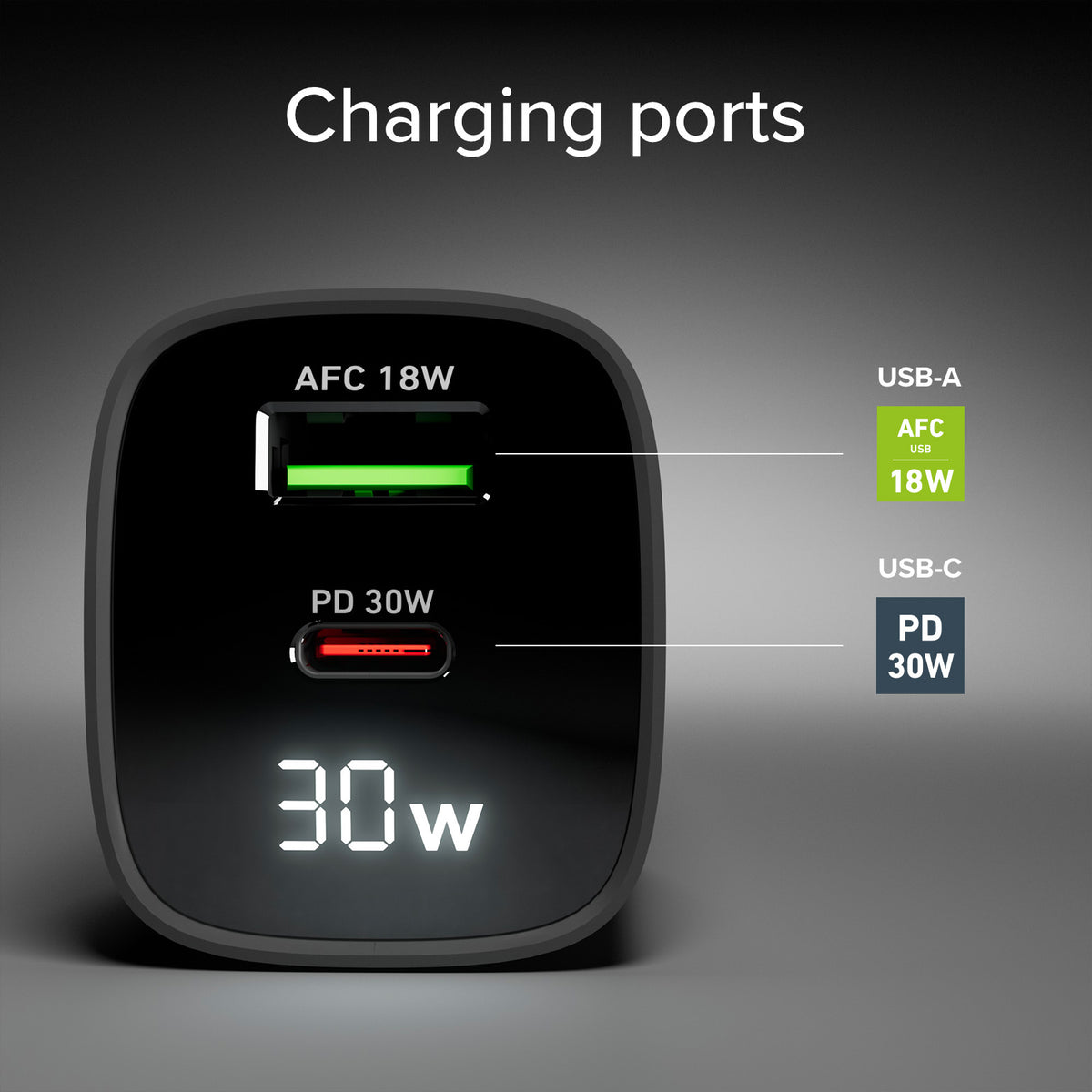 Wandladegerät mit LCD-Bildschirm, 1 USB-C-PD-30W-Ausgang, 1 USB-A-18W-Ausgang