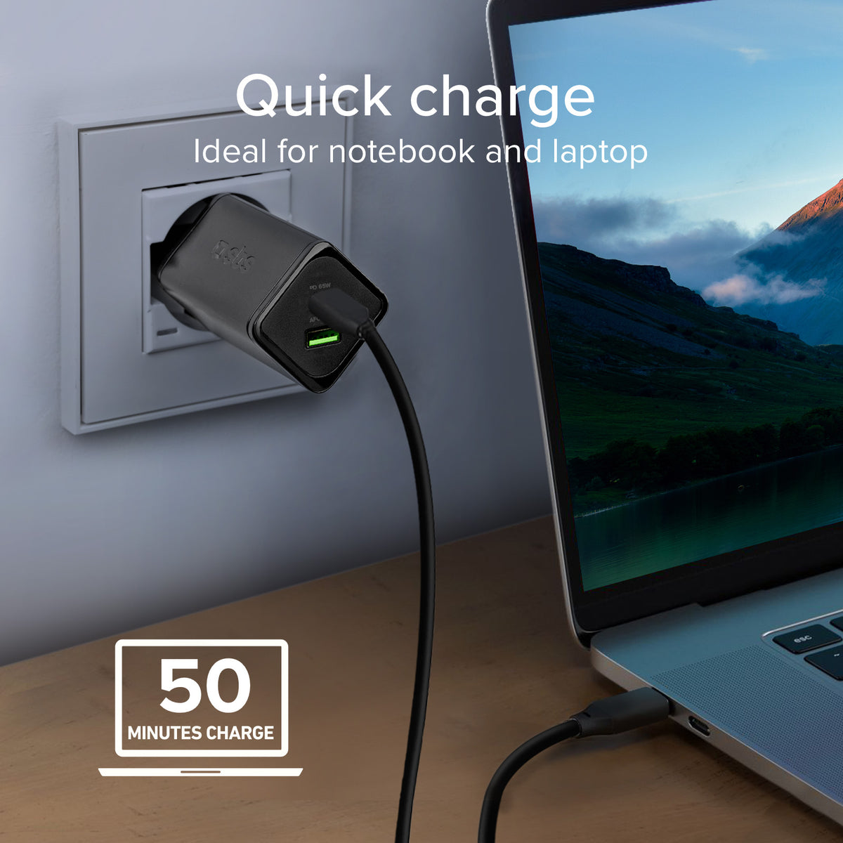  Chargeur GaN 65W USB‑C PD + USB‑A AFC