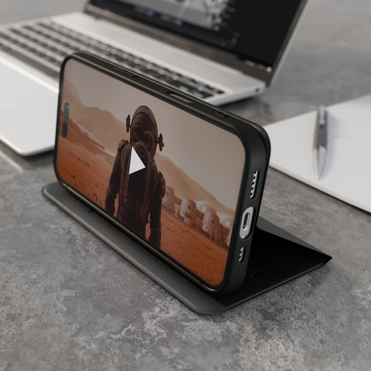 Book-style case with stand support and soft touch surface for iPhone 16 Pro