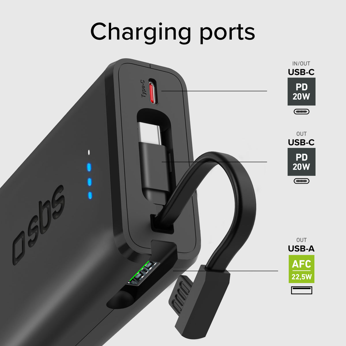 Powerbank Power Delivery 20 W 10000 mAh mit integriertem USB-C-Kabel
