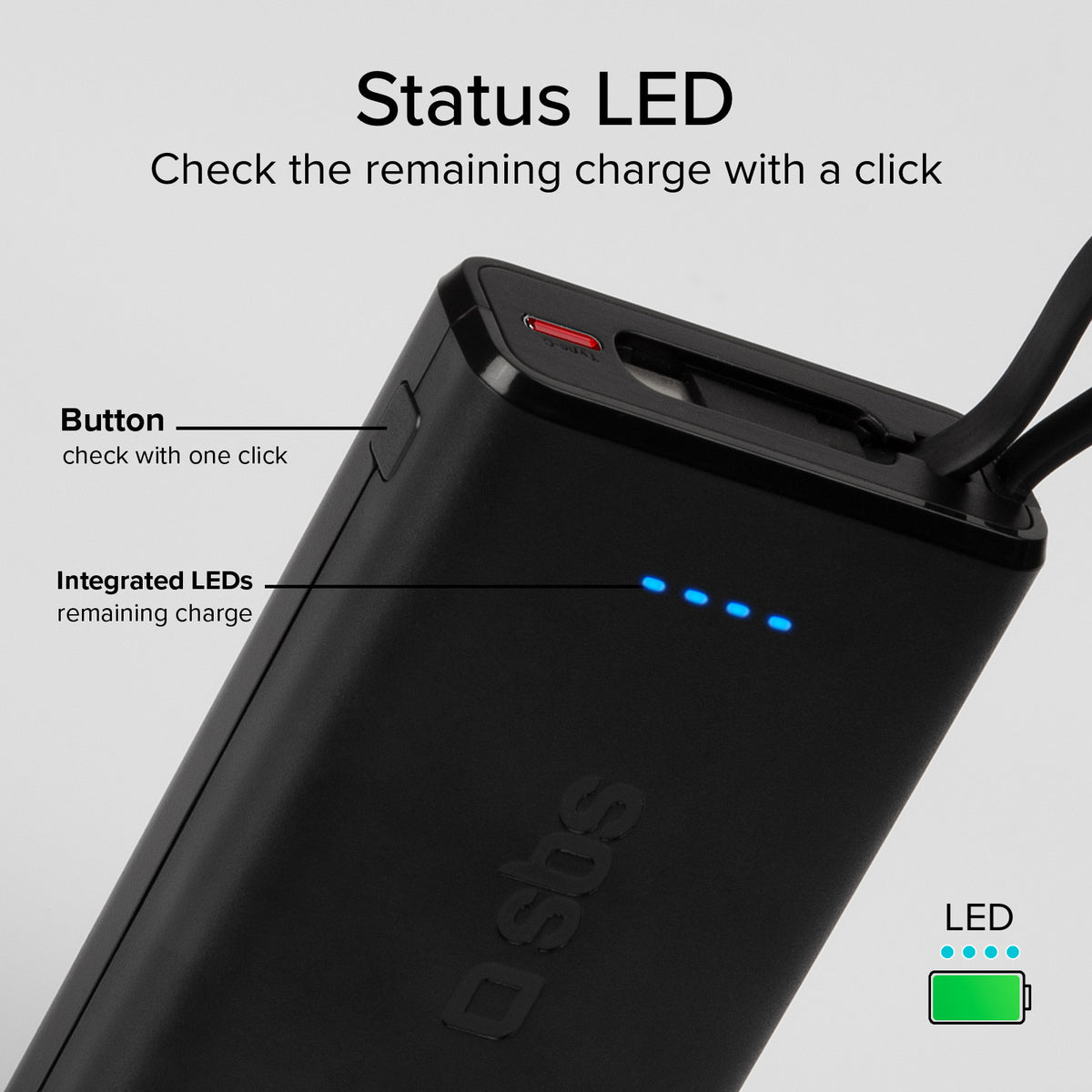 Powerbank Power Delivery 20 W 10000 mAh mit integriertem USB-C-Kabel