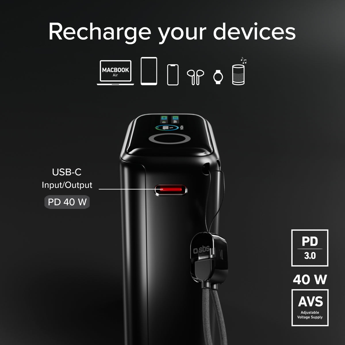 Powerbank 10000 mAh 40 W Power Delivery 3.2 und AVS, inklusive USB-C-Kabel und TFT-Display